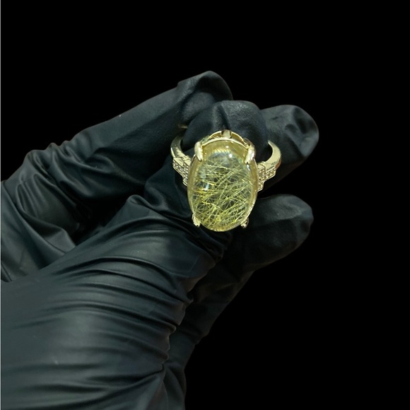 Genuine Rutilated Quartz Statement Gold-Tone Adjustable Eye-Catching Ring - Picture 3 of 11